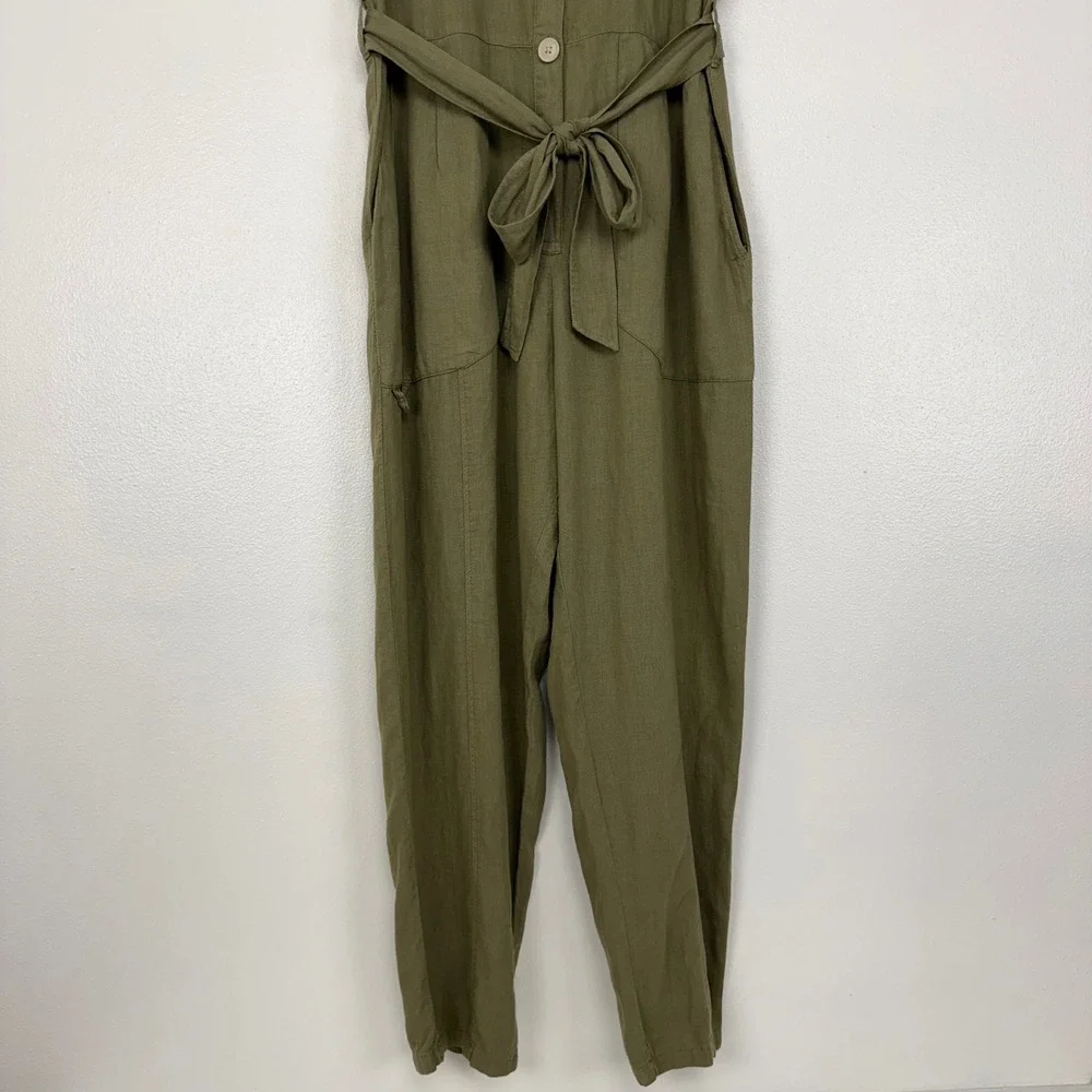 Zara Utility Jumpsuit Women L Olive Green Linen Blend Belted Short Sleeve Safari